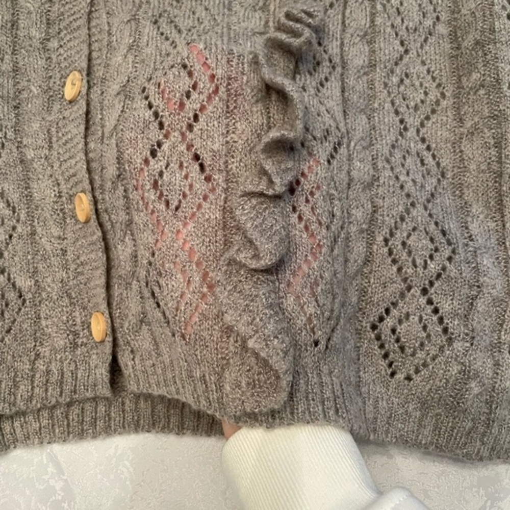 Greyish Taupe Knit Sweater With Ruffles & Wood Buttons - Picture 5 of 11